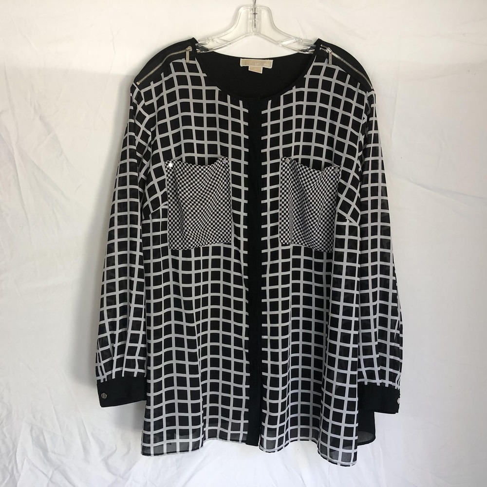MICHAEL Michael Kors Blouse Womens 3X Black Check Sheer Zip Pocket Tunic Top